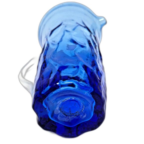 Studio Art Glass Pitcher Hand Blown Textured Ombre Blue Clear Handle 7" Tall - Picture 5 of 12